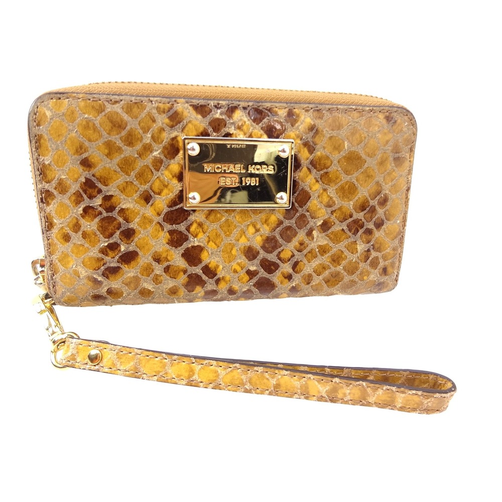 Michael Kors Wristlet Wallet Sand and Brown Python Snakeskin Embossed